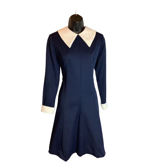 1960's-70's Montgomery Ward Navy & White Dagger Collar Dress - Picture 2 of 10